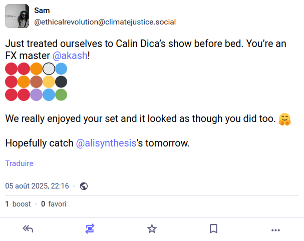 Just treated ourselves to Calin Dica's show before bed. You're an FX master @akash ! We really enjoyend your set and it looked as though you did too. Hopefully catch @alisythesis tomorrow.